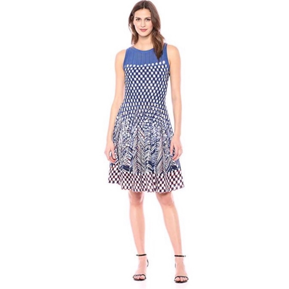 NIC+ZOE Fiore Sleeveless Blue White Polkadot Sleeveless Printed Twirl Dress S